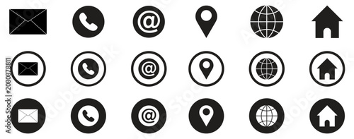 Business card, Contact icons set for website and business card. Home, location, call, website, mail globe and message icon vector set. 