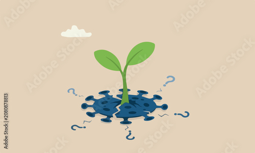 pandemic economi Coronavirus crash and economic recession concept, green sprout plant successfully growing from dead coronavirus pathogen