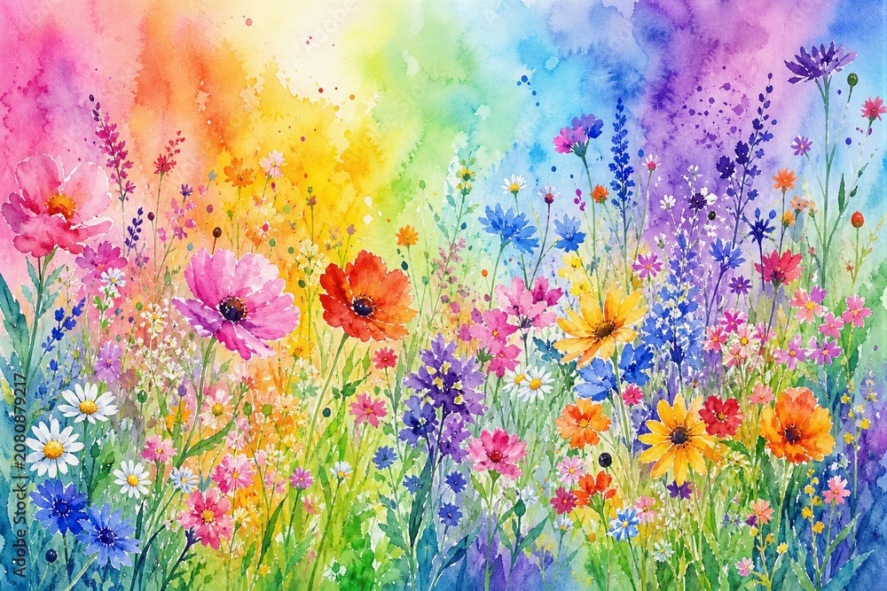 Naklejka premium Vibrant watercolor depicts a wildflower meadow. Rainbow hues blend softly across the sky and grass. Poppies, daisies, and purple blooms rise freely. Bright petals glow in sunlit, dreamlike atmosphere