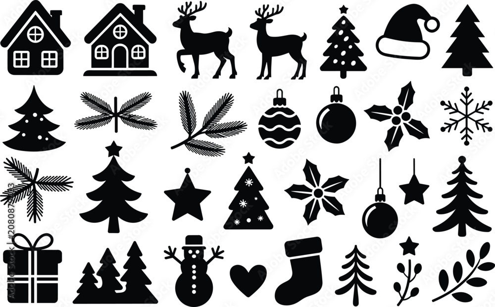 Fototapeta premium Christmas collection with various festive icons including houses, reindeers, trees, and ornaments