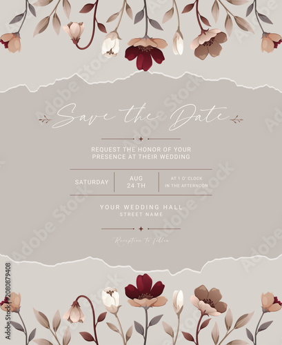 Romantic save the date card with aesthetic autumn watercolor flowers and torn paper border