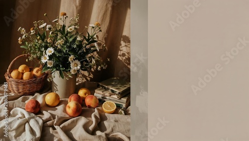 Flowers and Fruits on a Table With Books and a Basket in a Warm Indoor Settin...