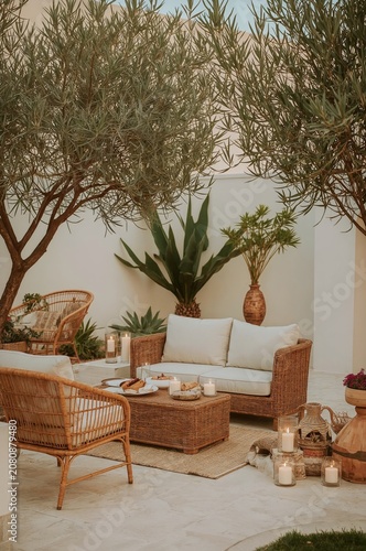 Cozy Outdoor Seating Area With Plants and Candles in a Private Garden During ...