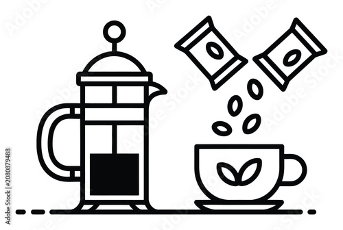 Foto フレンチプレスコーヒーメーカーと、コーヒー豆で満たされているカップのミニマリストな白黒の線画。