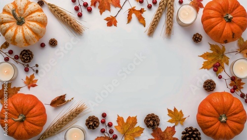Fall Decorations With Pumpkins, Leaves, and Candles on a White Surface During...