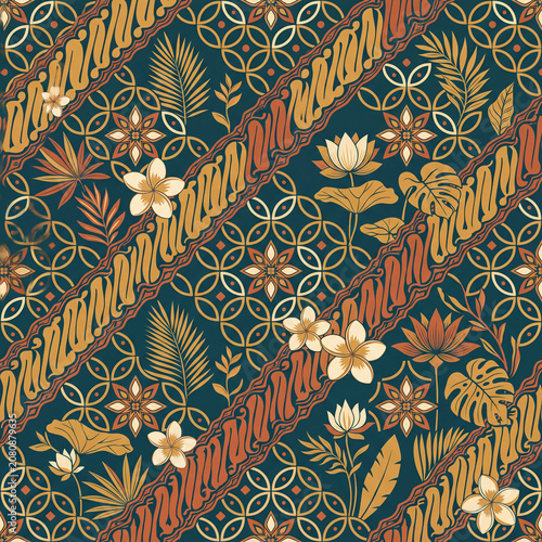 Elegant Indonesian batik inspired seamless pattern featuring tropical flowers, palm leaves, geometric ornaments and diagonal motifs. Ideal for looping motion backgrounds, textiles and wallpapers.