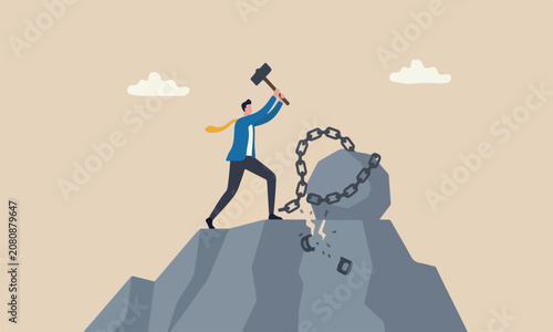 Cuadro en lienzo Break free bad freedom,boulder uphill mountain peak off debt, destroy shackle or