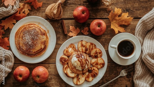 Delicious Breakfast Spread With Pancakes, Apples, and Coffee on Wooden Table ...
