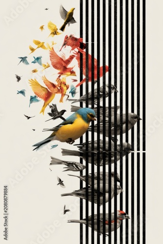 Colorful birds breaking free from black white cage, vertical