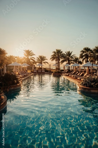 Sunset Over a Hotel Pool With Palm Trees and Lounge Chairs in a Warm Climate