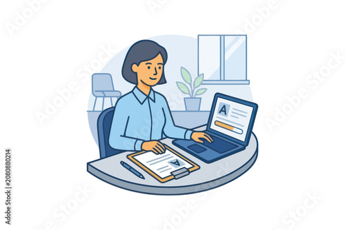 Woman Working at Desk Vector Illustration