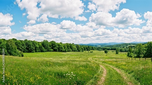 Beautiful green summer meadow with lush grass and trees under a bright blue sky with fluffy white clouds in the day