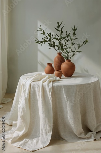 Decorative Pottery and Plants on a Table With White Tablecloth in a Well-Lit ...
