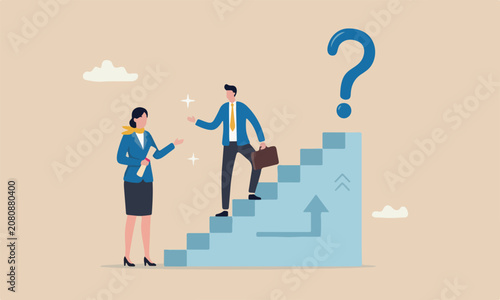 Employee, stairway to success or new opportunity, career development concept, supportive businesswoman manager encourage employee to step on stair to success