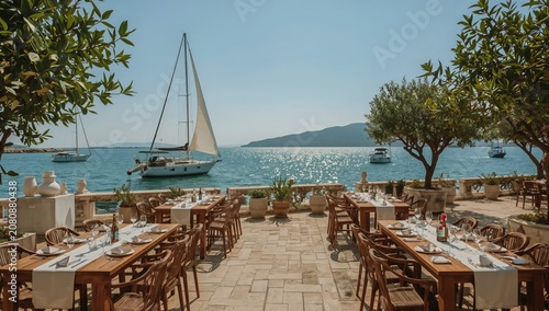 Dining Setup by the Water With Boats and a Sailboat in the Background Near a ...