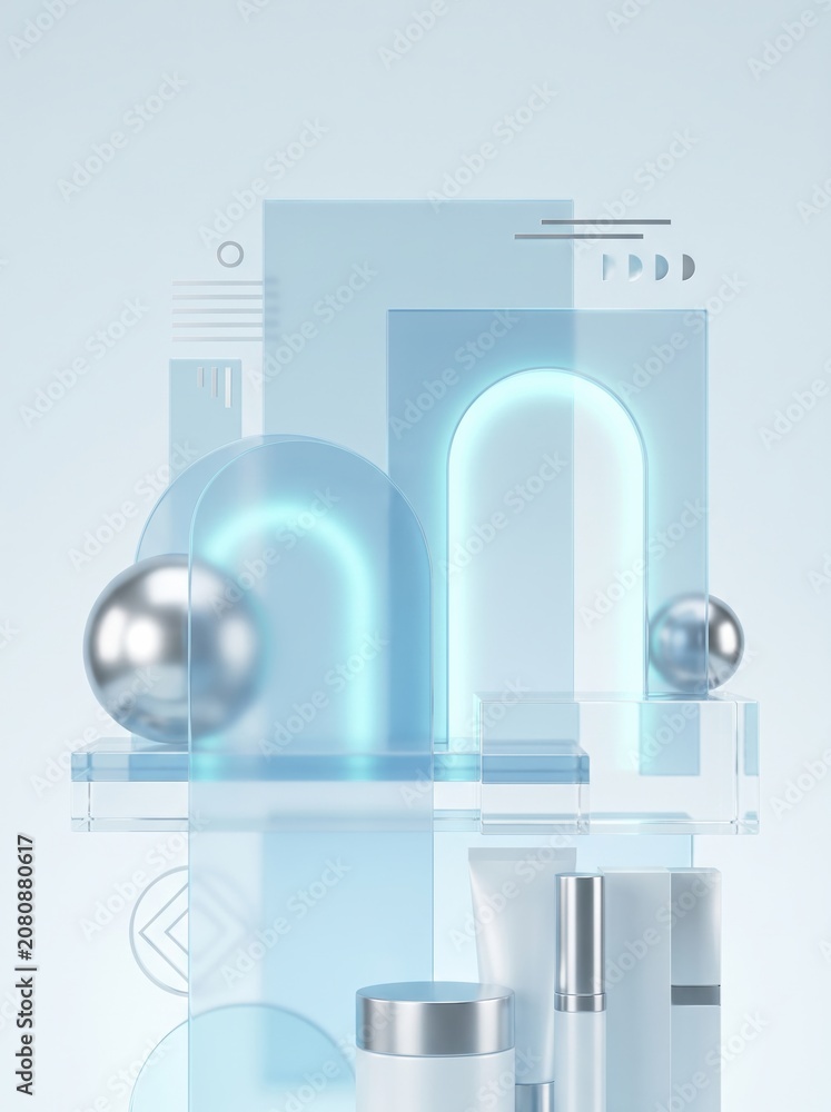 Fototapeta premium Frosted blue glass geometry with metallic silver spheres luxury backdrop