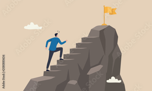 Business career boulder uphill mountain peak concept, businessman trying hard with full effort to climb up big step ladder or stairway