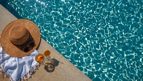 Enjoying Drinks and a Sun Hat by the Swimming Pool on a Sunny Day