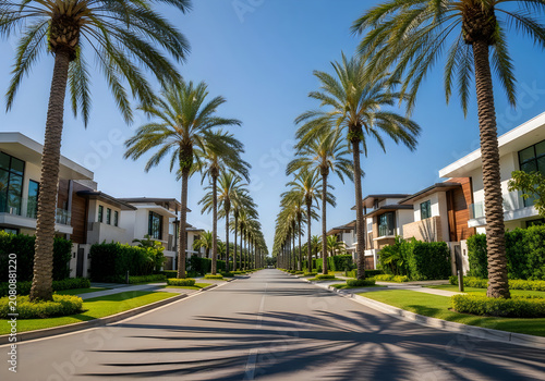 Street lined with tall palm trees and modern homes on a sunny day.