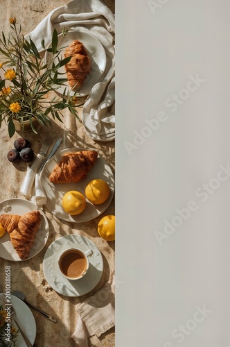 Breakfast Setting With Croissants, Fruit, and Coffee on a Table During Mornin...