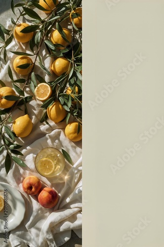 Lemons and Peaches on a White Cloth With Drinks and Leaves in a Bright Setting
