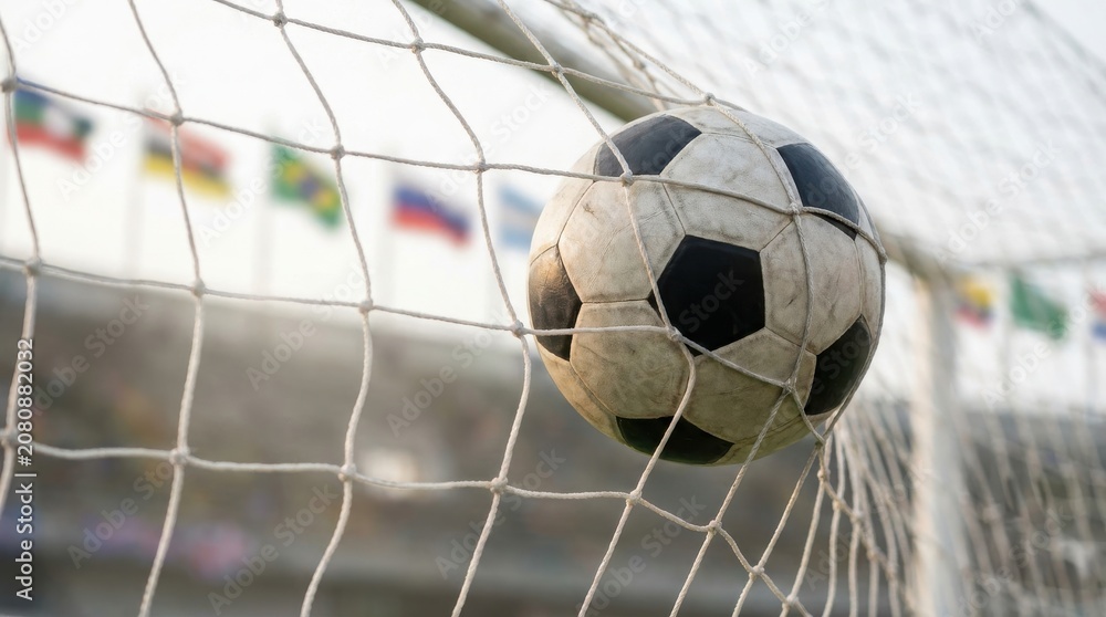 Naklejka premium A soccer ball rests inside the goal net after a successful shot during a competitive sports match.