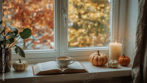 Cozy Scene With a Book, Coffee, Pumpkins, and a Candle by a Window During Aut...