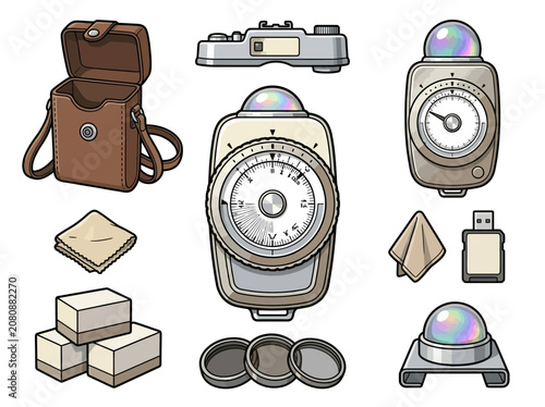 Foto Vintage Light Meter With Associated Photography Accessories Including Camera Cas