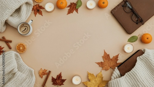 Cozy Autumn Scene With Fallen Leaves, Warm Drinks, and Candles on a Table