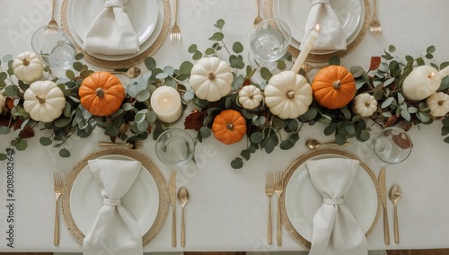 Table Setting With Pumpkins and Greenery for a Fall Gathering