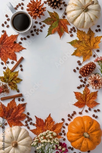 Fall Decorations With Pumpkins, Coffee, and Leaves in a Cozy Arrangement on a...