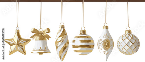 Elegant Gold and White Christmas Ornaments Hanging Set with Star, Bell, and Bauble Vector Illustration for Holiday Decor Designs