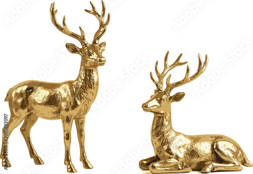 Golden Deer Figurine Vector Set with Standing and Lying Reindeer Statue for Christmas, Luxury, and Home Decor Designs