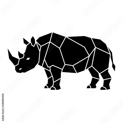 A polygonal rhinoceros stands in profile on a white background with geometric shapes.