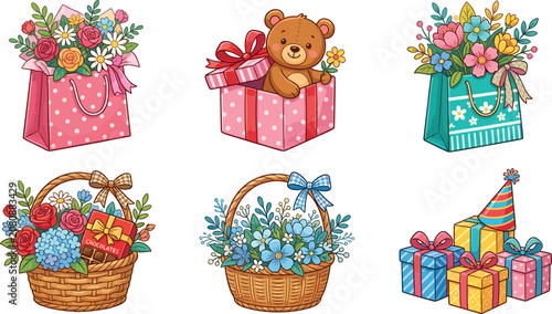 Cute Gift Bags Boxes and Baskets with Flowers and Teddy Bear Vector Set for Birthday, Baby Shower, and Celebration Designs