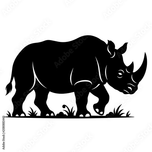 A black silhouette of a rhinoceros walks through grassy terrain in a natural landscape.