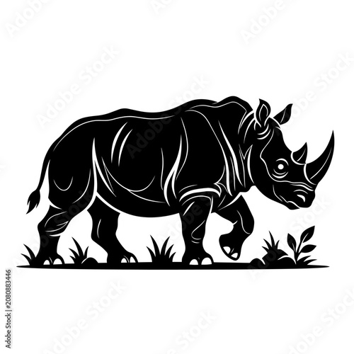 A large black rhinoceros walks through grassy landscape in profile view