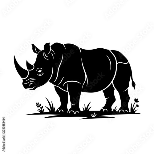 A black illustration of a rhinoceros standing in grassy landscape outdoors.
