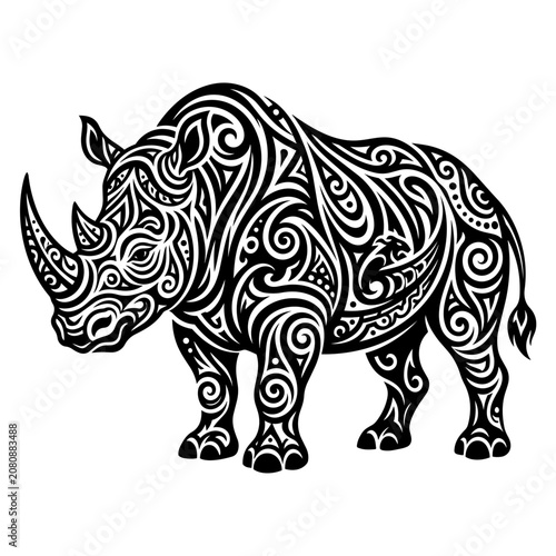 A decorative illustration of a rhinoceros with intricate patterns on its body standing outdoors.