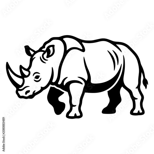 A black illustration of a rhinoceros standing in profile view