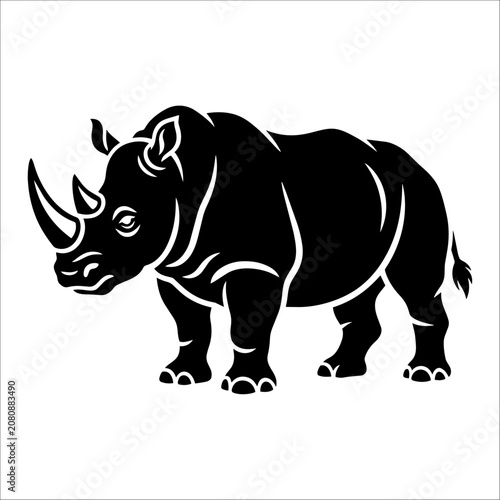 A black rhino illustration stands alone in a neutral environment