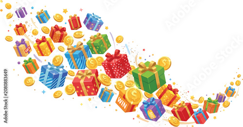 Falling Gift Boxes and Gold Coins Vector Illustration with Stars and Sparkles for Prize, Reward, Bonus, and Promotion Design Concepts