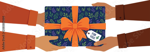 Hands Giving and Receiving Wrapped Gift Box with Floral Pattern and Orange Bow Vector Illustration for Birthday and Holiday Designs