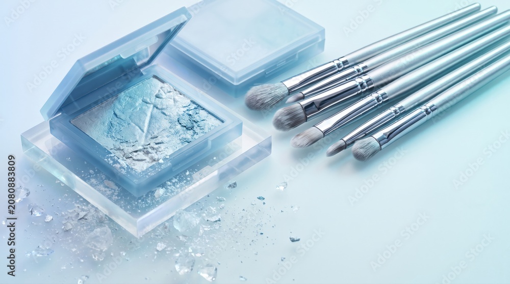 Fototapeta premium Frosty blue eyeshadow palettes with metallic silver makeup brushes on acrylic