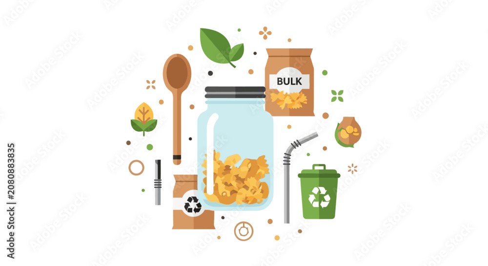 Fototapeta premium Zero Waste Lifestyle Illustration with Eco-Friendly Products, Glass Jar, Bulk Shopping Bag, Metal Straw, and Recycling Bin for Sustainable Living Concept