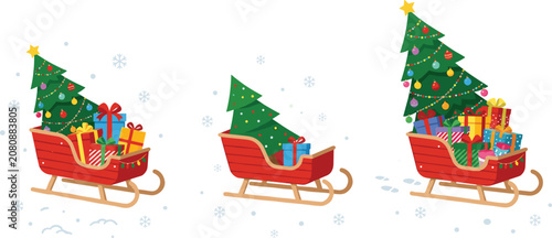 Santa Sleigh with Christmas Tree and Gift Boxes Vector Set in Three Sizes with Snowflakes for Holiday Cards, Banners, and Festive Decorations