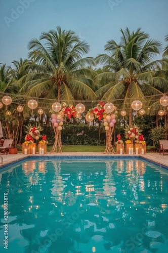 Decorative Pool Area With Lights and Flowers in a Garden Setting During Evening