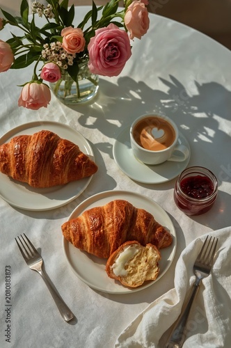 Croissants, Coffee, and Flowers on a Table in a Bright Setting During the Mor...