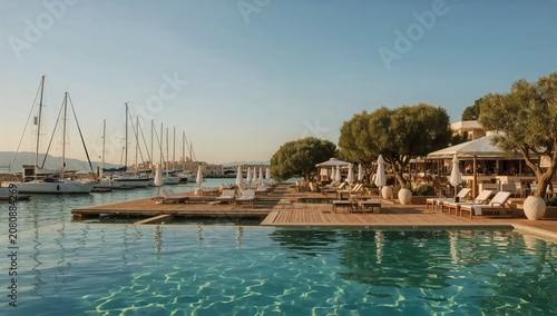 Relaxing Scene at Marina With Boats and Pool During Sunset