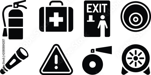 Bild auf Leinwand Set of black safety and emergency icons for fire prevention and medical first ai